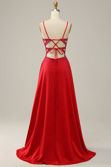 A Line Red Spaghetti Straps Beaded Long Formal Dress